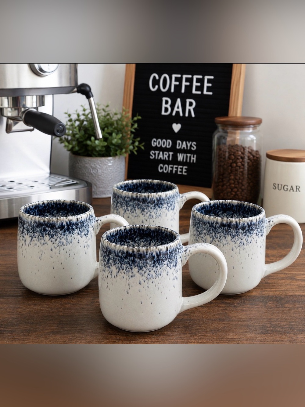 Melo Artisanal Espresso Mugs 4 Blue & White Splatter Glazed 3 Oz Stoneware new